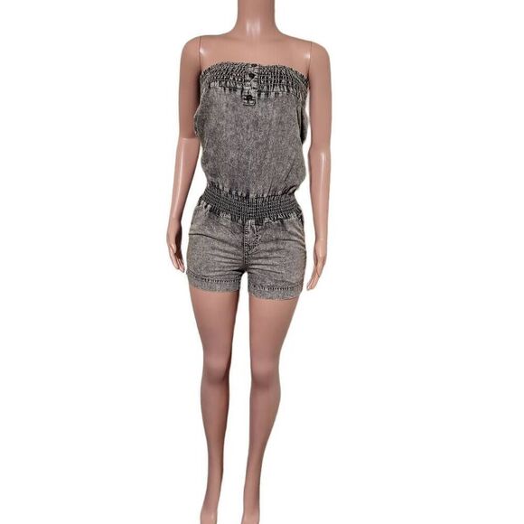 Women's sleeveless chambray smocked denim romper M - Picture 4 of 12